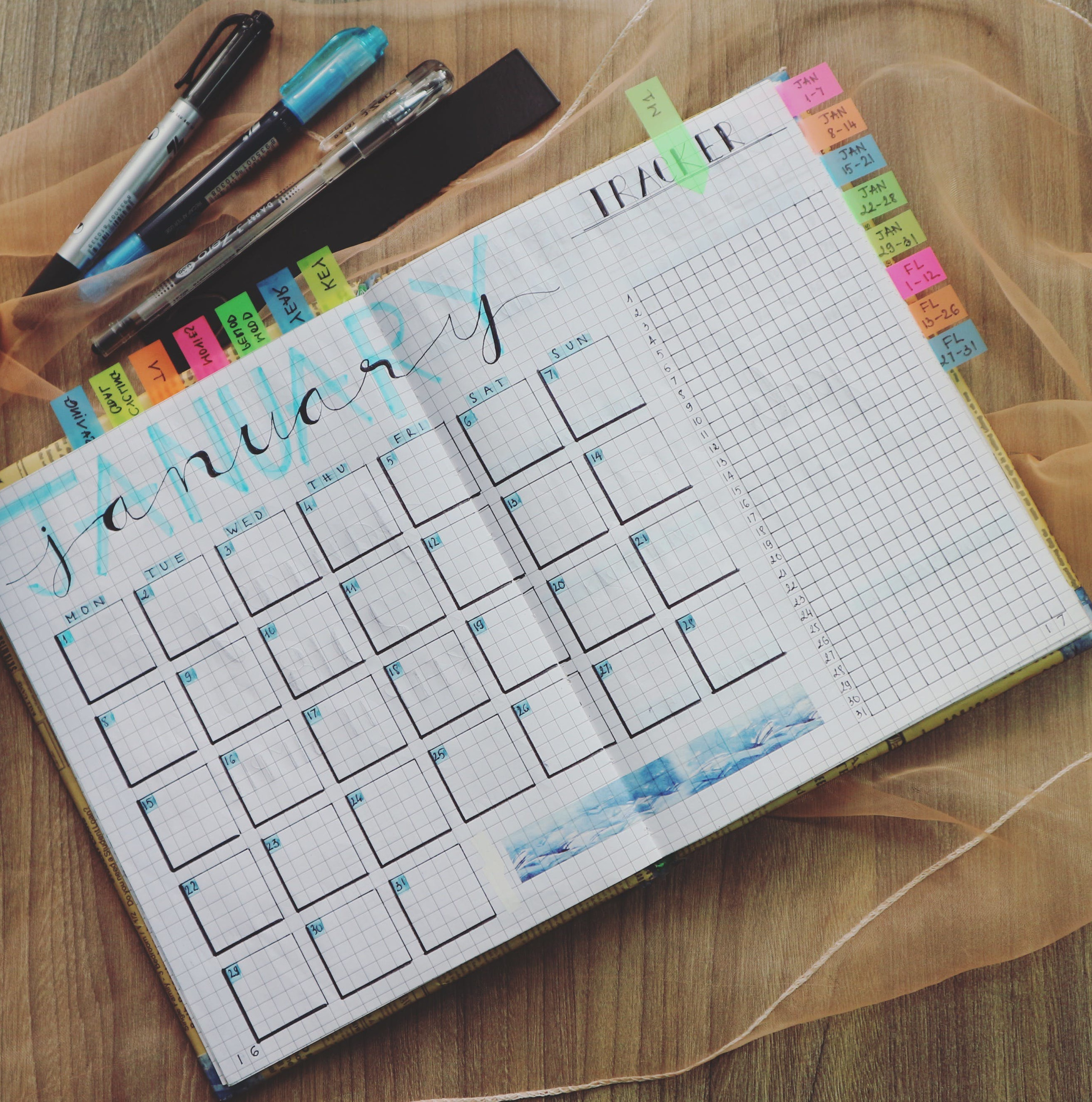 Desk calendar with colored tabs on top and side of pages